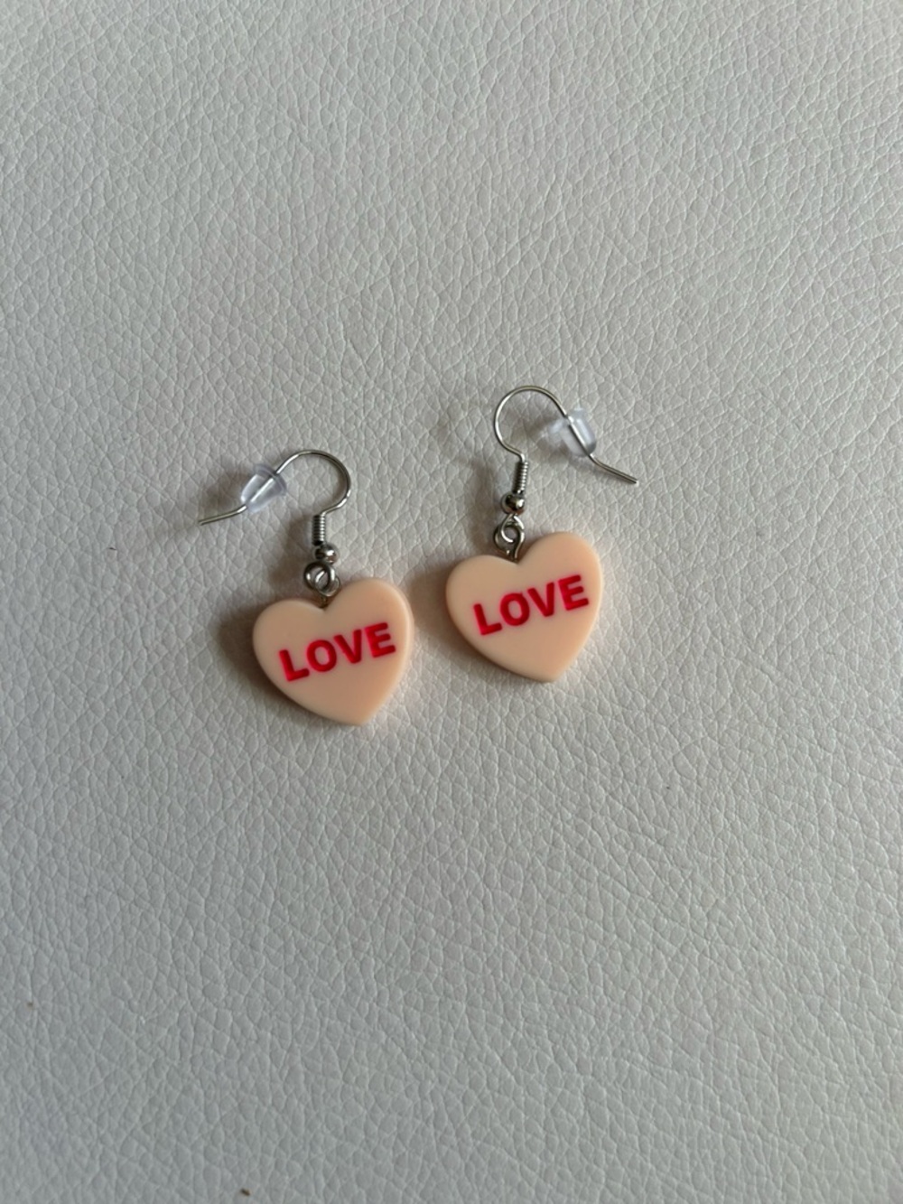 Conversation Hearts Love Dangle Drop Earrings in Peach with Pink Lettering